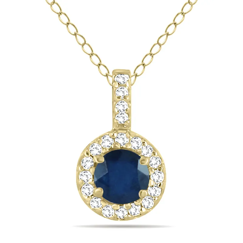 1/2 Carat Tw Halo Sapphire And Diamond Pendant In 10K Yellow Gold