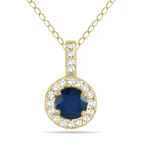 1/2 Carat Tw Halo Sapphire And Diamond Pendant In 10K Yellow Gold