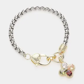 14K Gold Plated Two Tone CZ Stone Clover Charm Bracelet