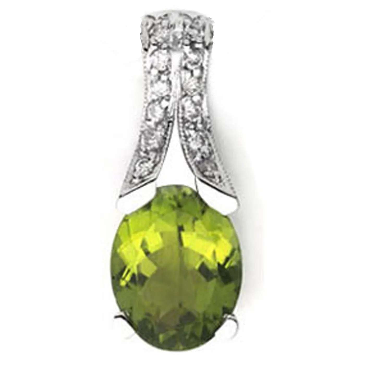 14k White Gold Oval Peridot and Diamond Pendant