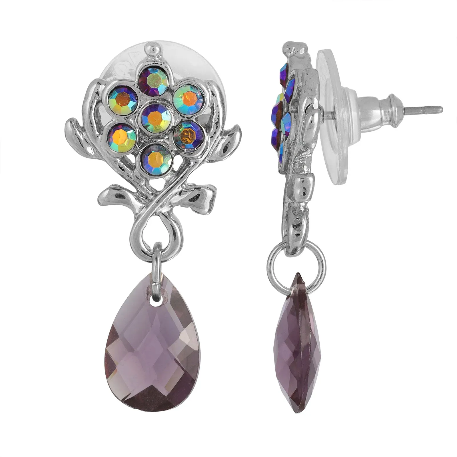 1928 Jewelry AB Flower Crystal Amethyst Teardrop Post Earrings