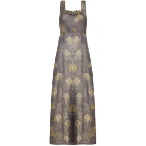 1930s Soft Grey and Gold Lame Floral Print Dress With Empire Waistband