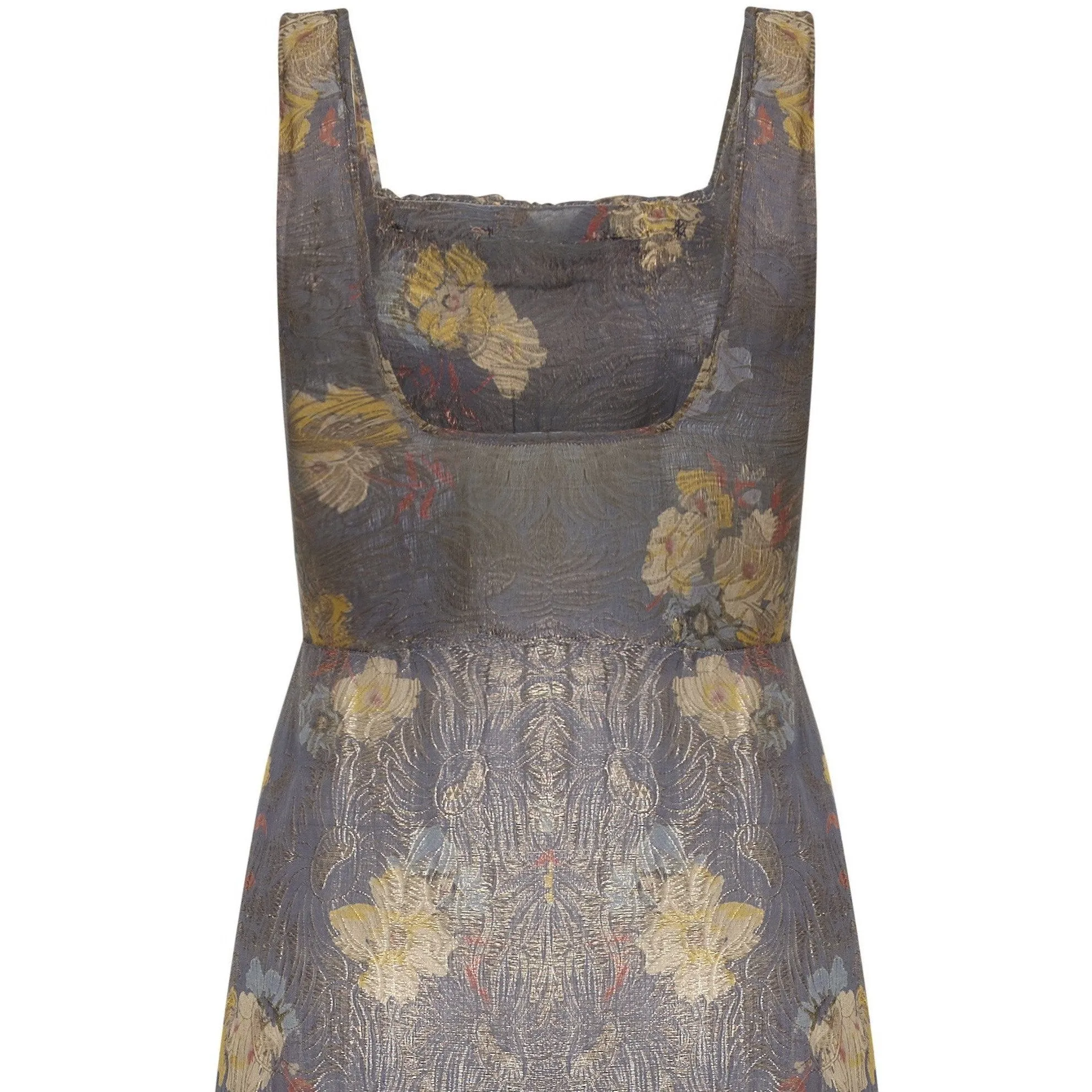 1930s Soft Grey and Gold Lame Floral Print Dress With Empire Waistband