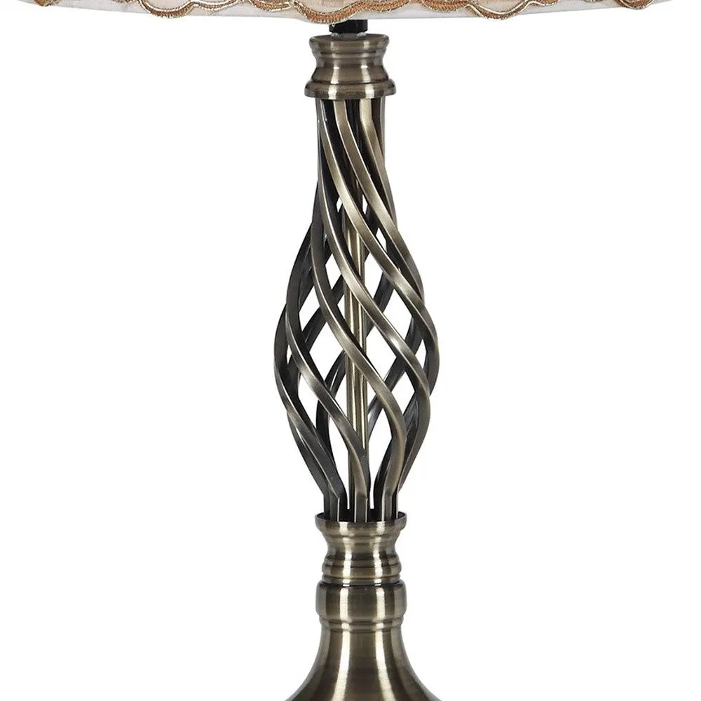 23" Antiqued Brass Metal Table Lamp With White And Brown Classic Empire Shade By Homeroots