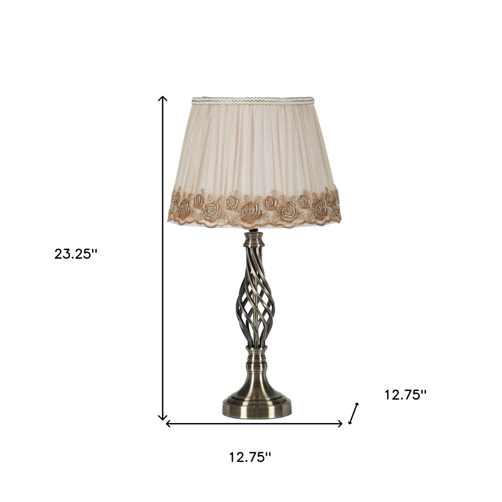 23" Antiqued Brass Metal Table Lamp With White And Brown Classic Empire Shade By Homeroots