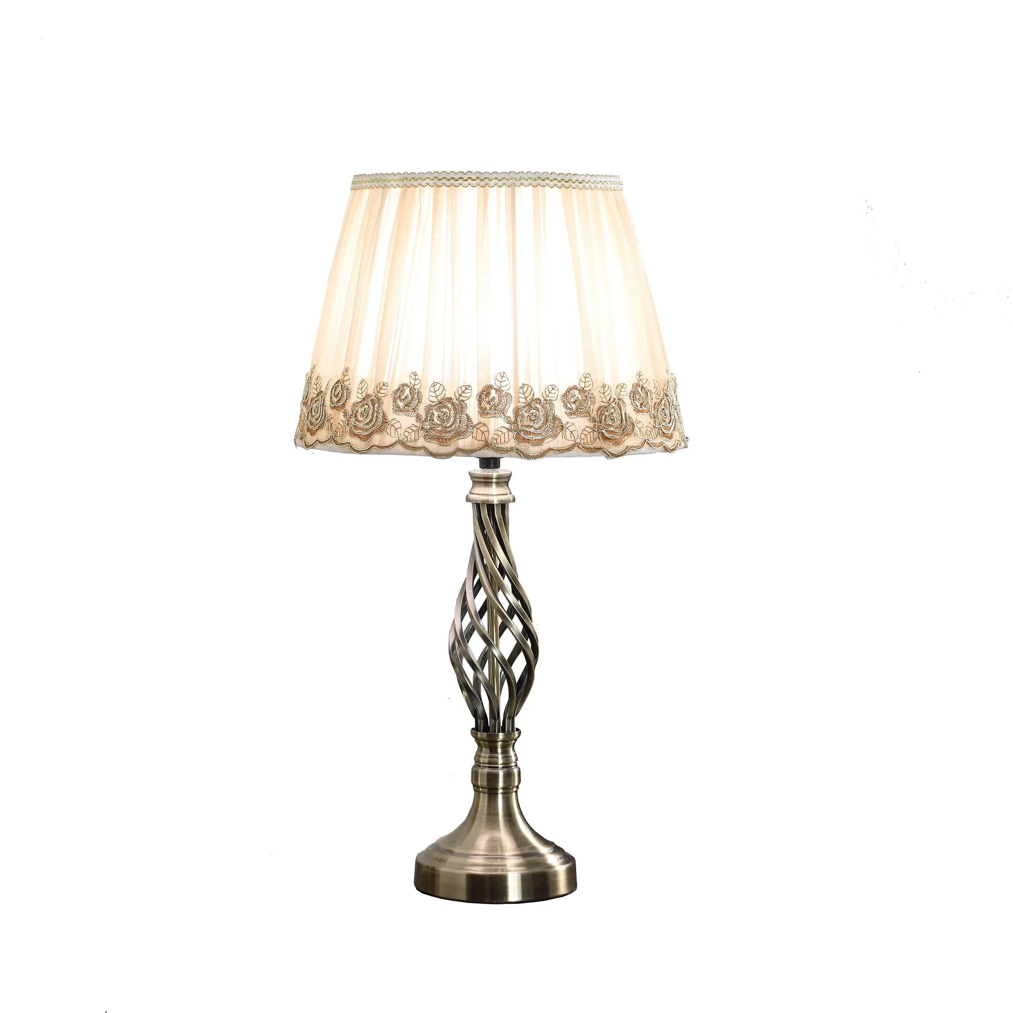 23" Antiqued Brass Metal Table Lamp With White And Brown Classic Empire Shade By Homeroots