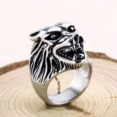 925 Sterling Silver Wolf Head Biker Ring