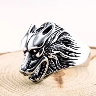 925 Sterling Silver Wolf Head Biker Ring