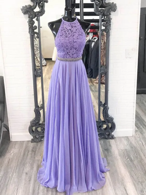 A Line Halter Neck Purple Lace Prom with Belt, Lilac Lace Formal, Purple Evening