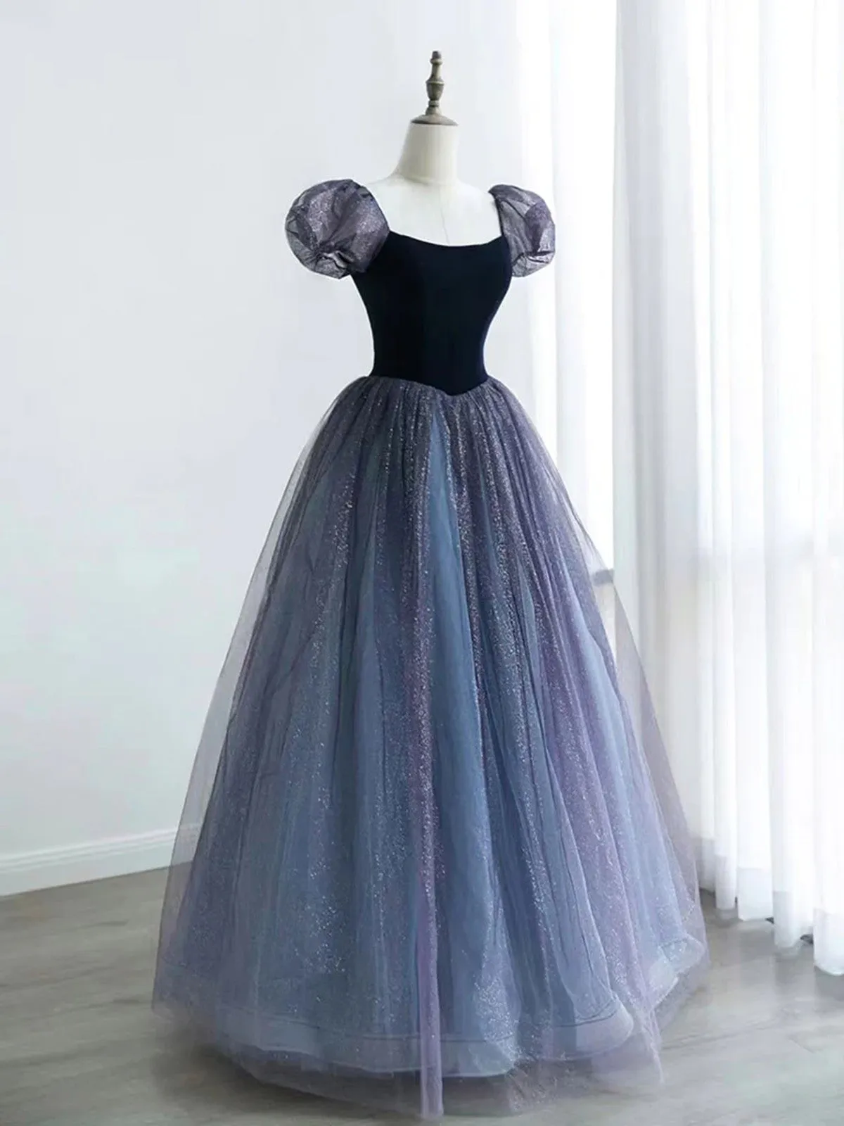 A Line Purple Velvet Tulle Long Prom Dresses, Long  Purple Tulle Formal Evening Dresses