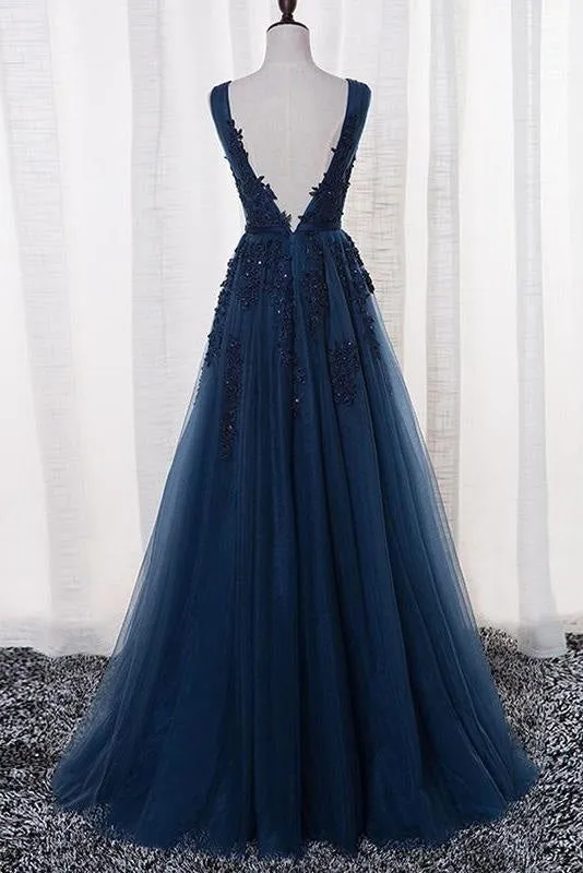 A Line V Neck Sleeveless Appliques Prom with Beads Floor Length Tulle Evening Dress