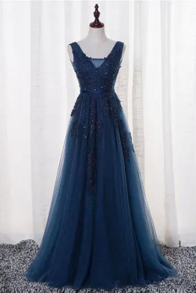 A Line V Neck Sleeveless Appliques Prom with Beads Floor Length Tulle Evening Dress