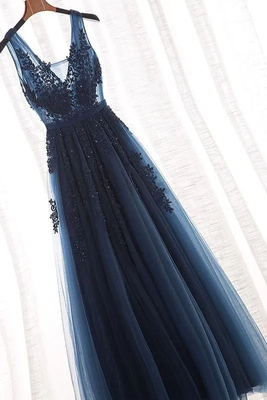 A Line V Neck Sleeveless Appliques Prom with Beads Floor Length Tulle Evening Dress