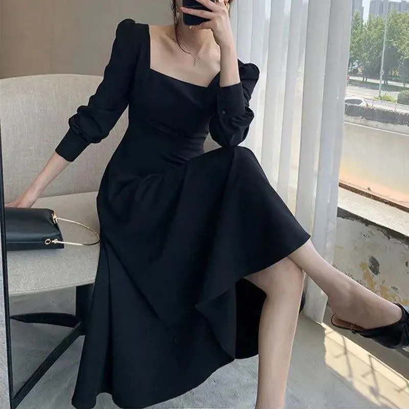 All Black Slim Puff Long Sleeve Square Neck A Line Midi Dresses That Hide Belly