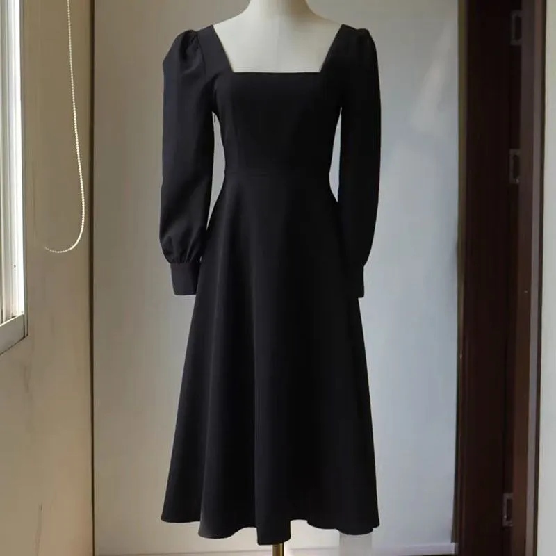 All Black Slim Puff Long Sleeve Square Neck A Line Midi Dresses That Hide Belly