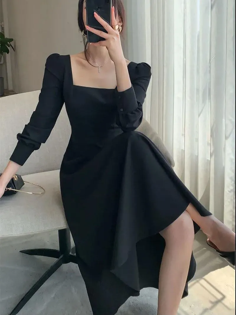 All Black Slim Puff Long Sleeve Square Neck A Line Midi Dresses That Hide Belly