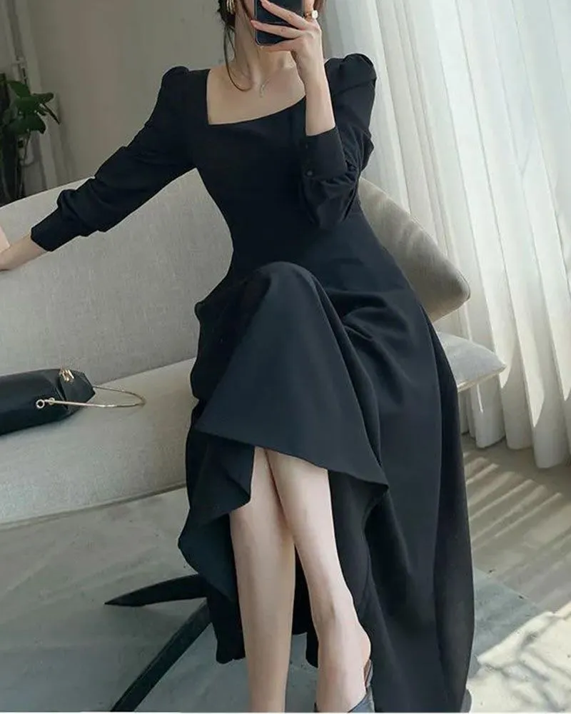 All Black Slim Puff Long Sleeve Square Neck A Line Midi Dresses That Hide Belly