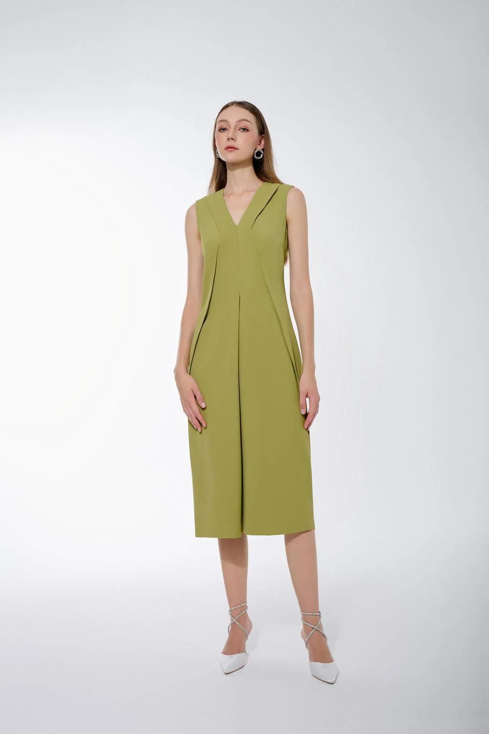 Amora Pencil V-Neck Twill Midi Dress