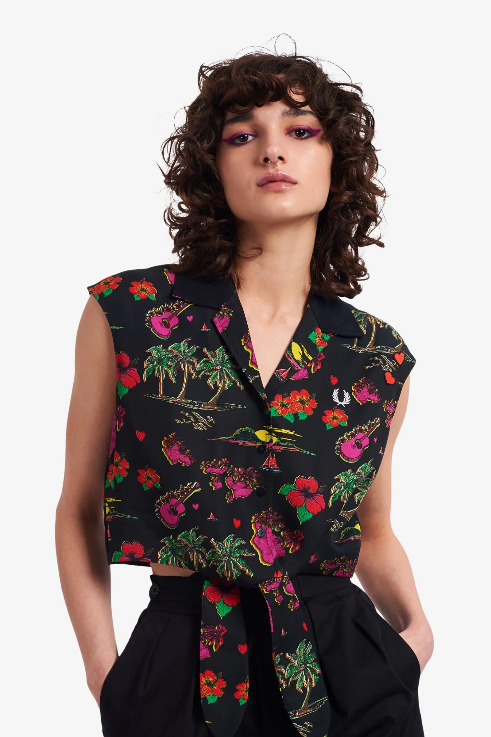 Amy Winehouse Black Hawaiian Print Tie-Front Shirt