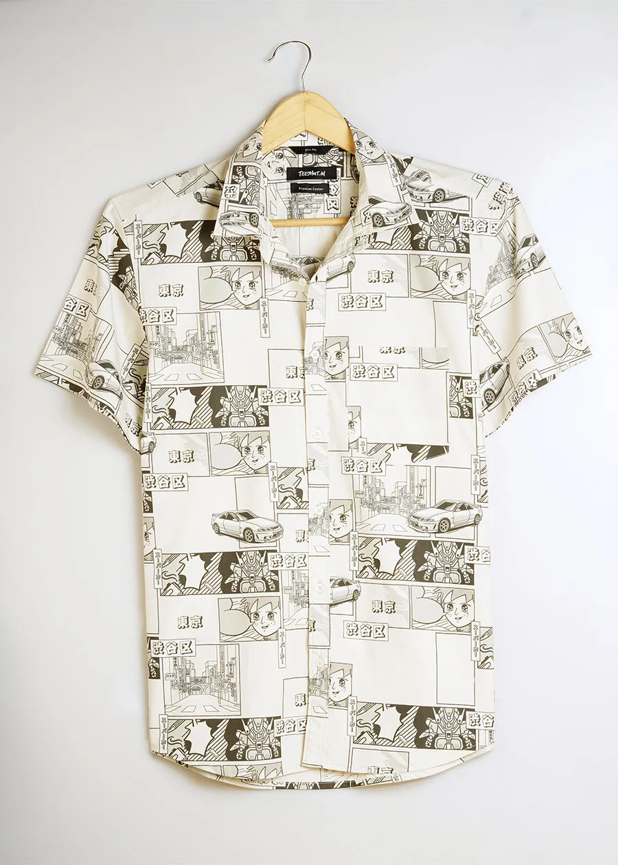 Anime Printed Mens Half Sleeve Shirt - Ash Grey