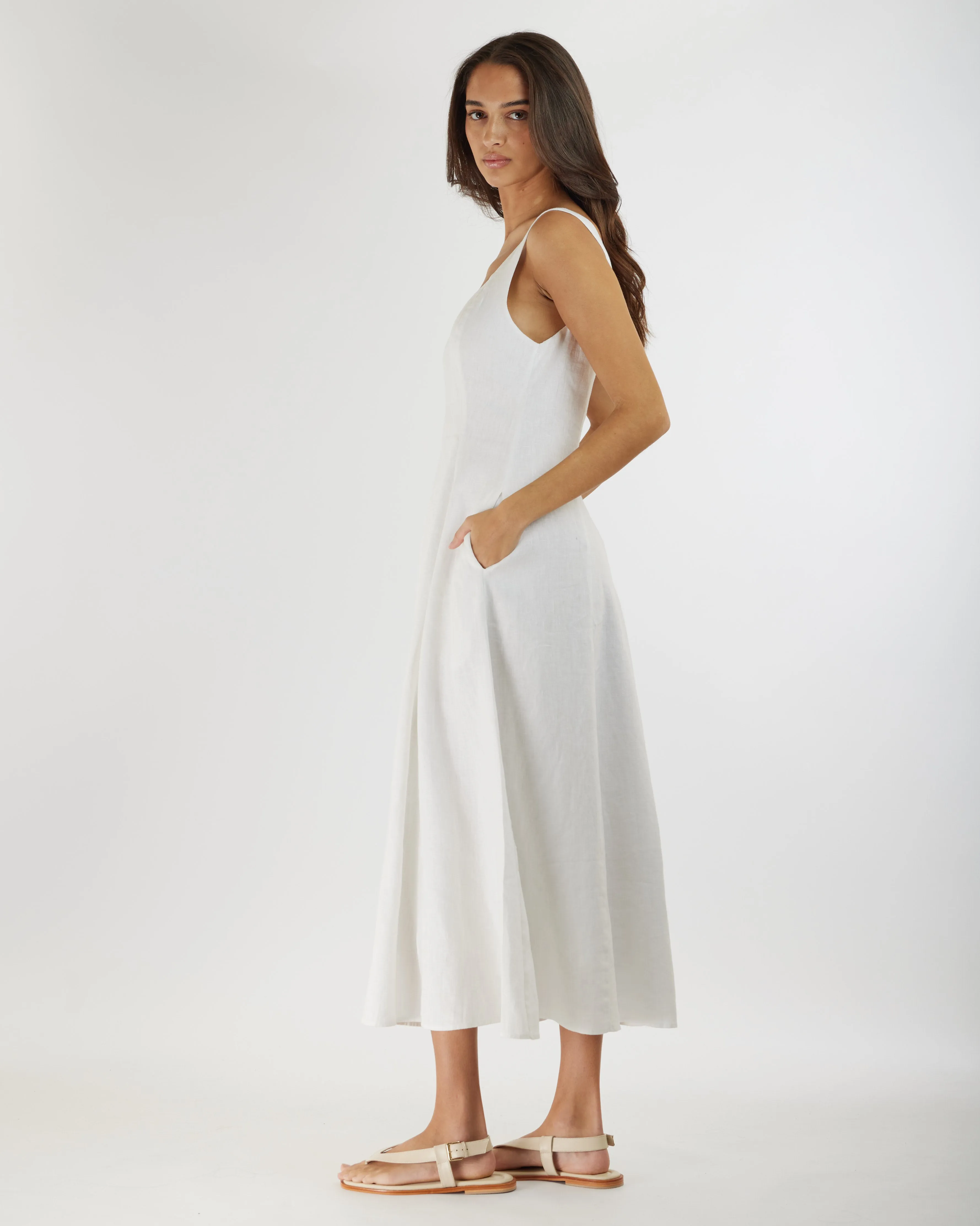 Anna Panelled Linen Midi Dress - White