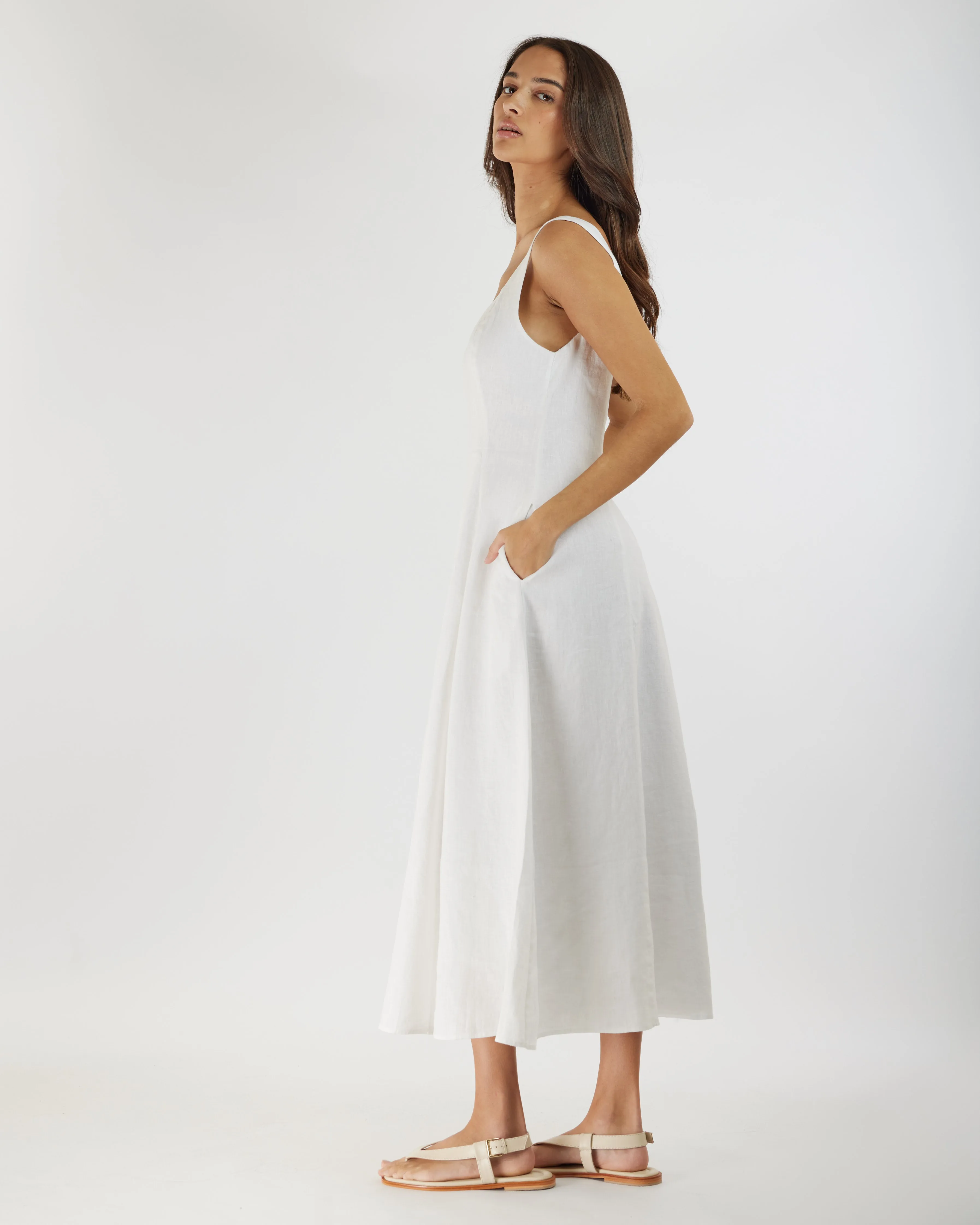 Anna Panelled Linen Midi Dress - White