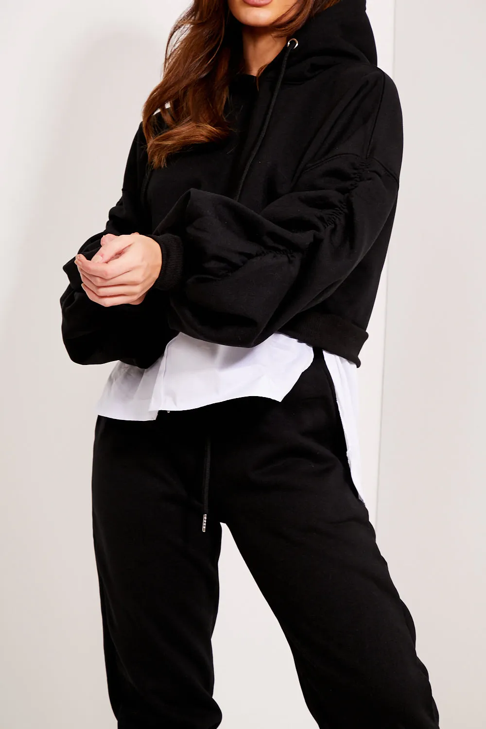 Annie Black Shirt Insert Hem Ruched Hoodie and Joggers Tracksuit Set