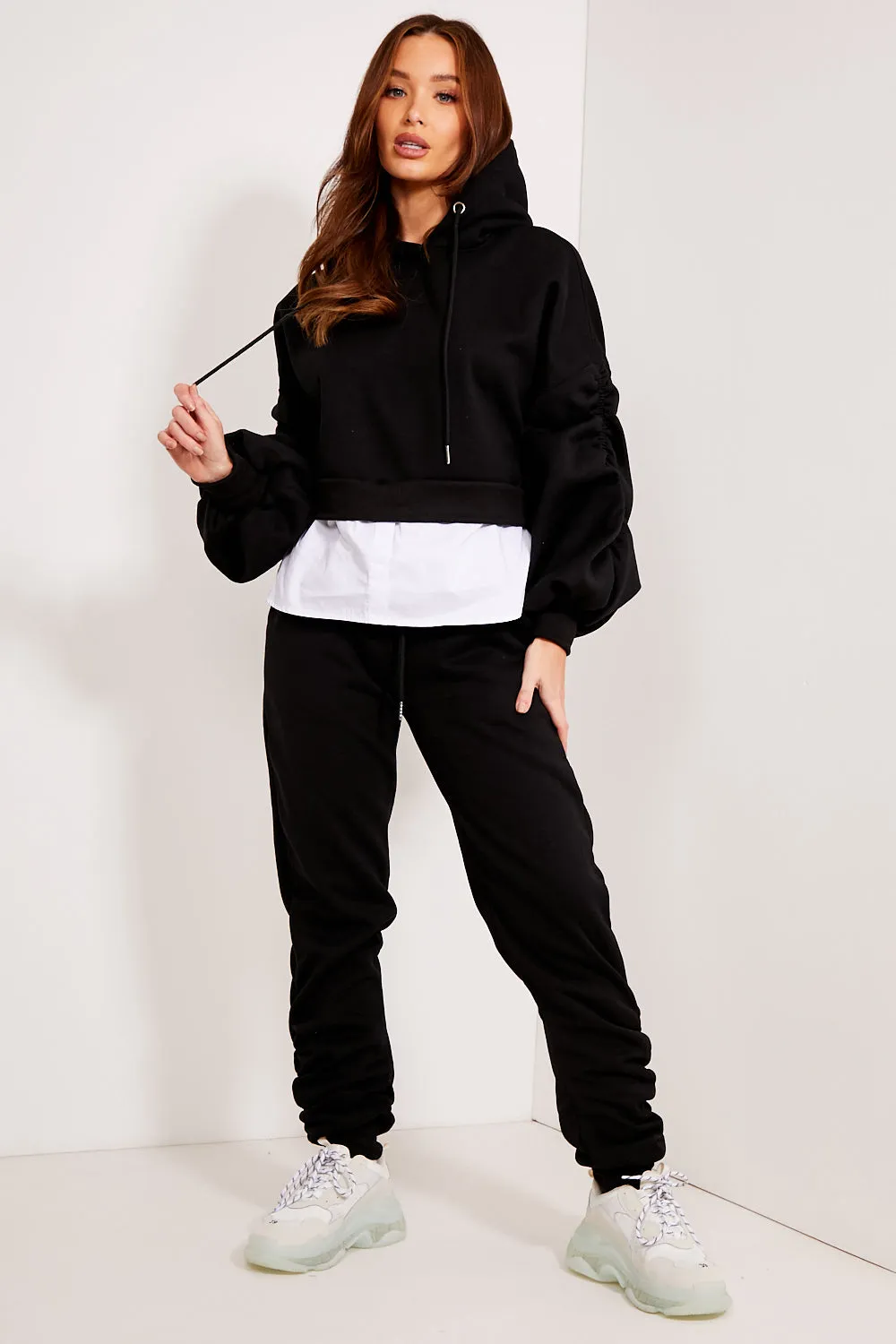 Annie Black Shirt Insert Hem Ruched Hoodie and Joggers Tracksuit Set