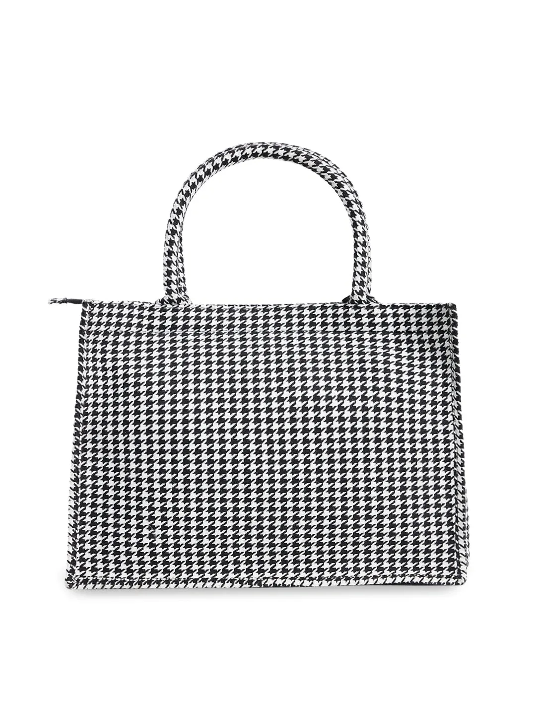 Berrylush Women Black & White Checked Pattern Cotton Structured Regular Handheld Bag