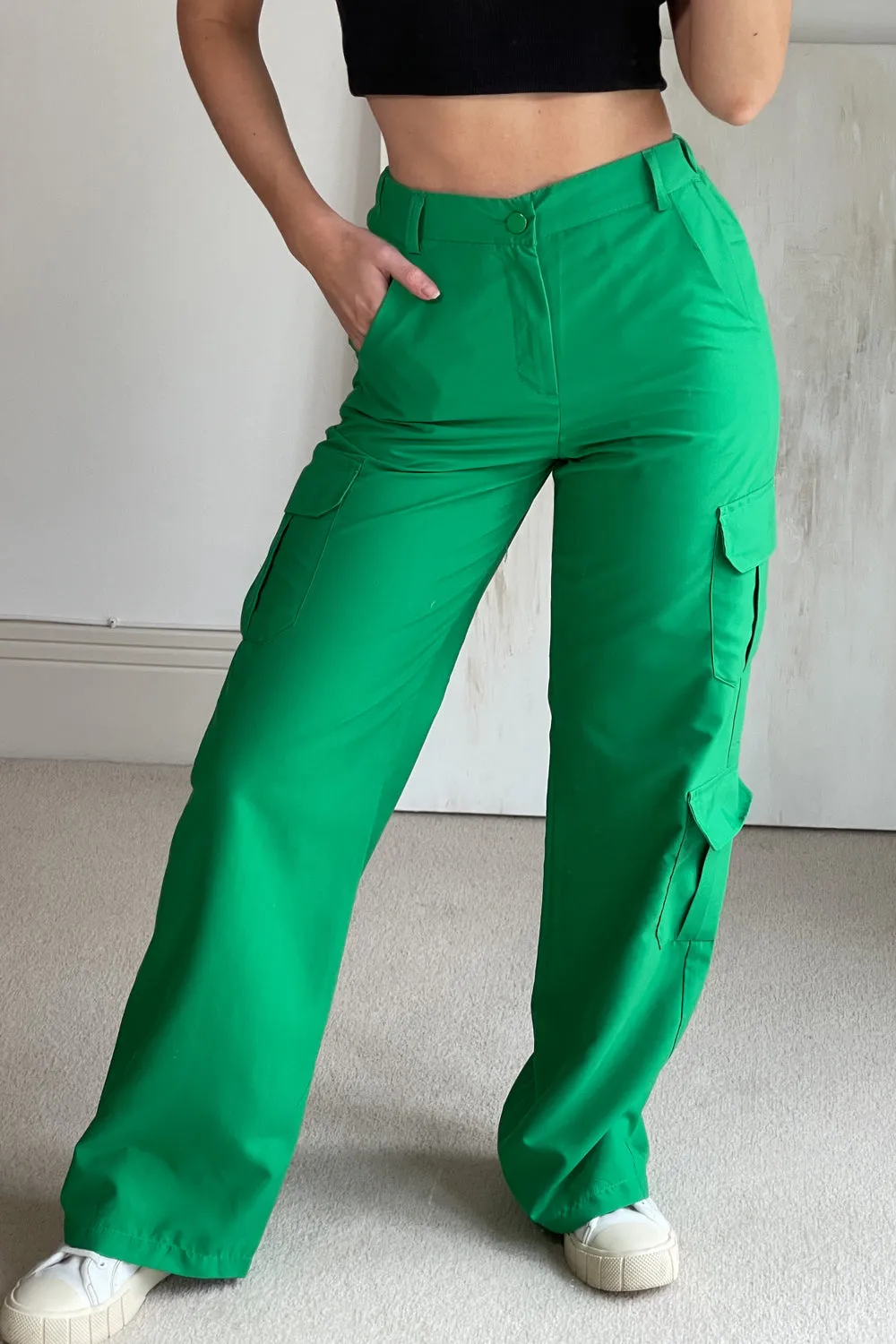 Bianca Green Pocket Detail Wide Leg Cargo Trousers