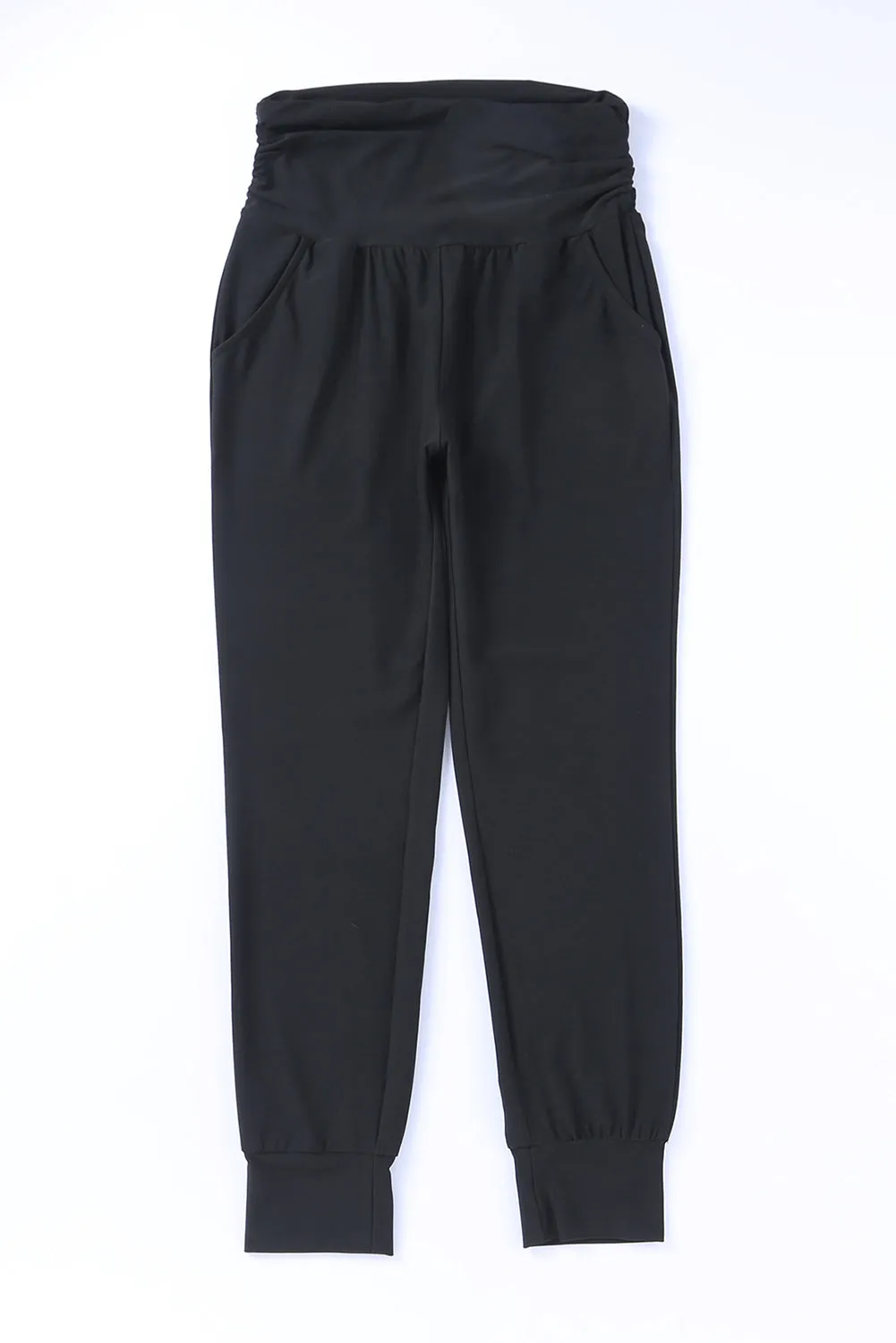 Black High Waist Pleated Pocketed Leggings