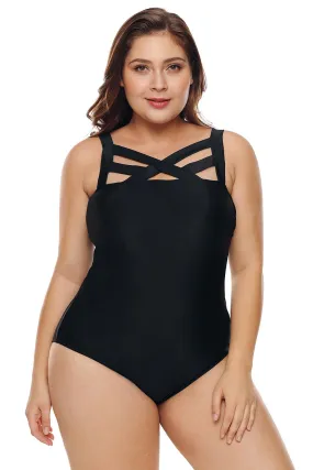 Black Hollow-out Plus Size One Piece Swim Suit