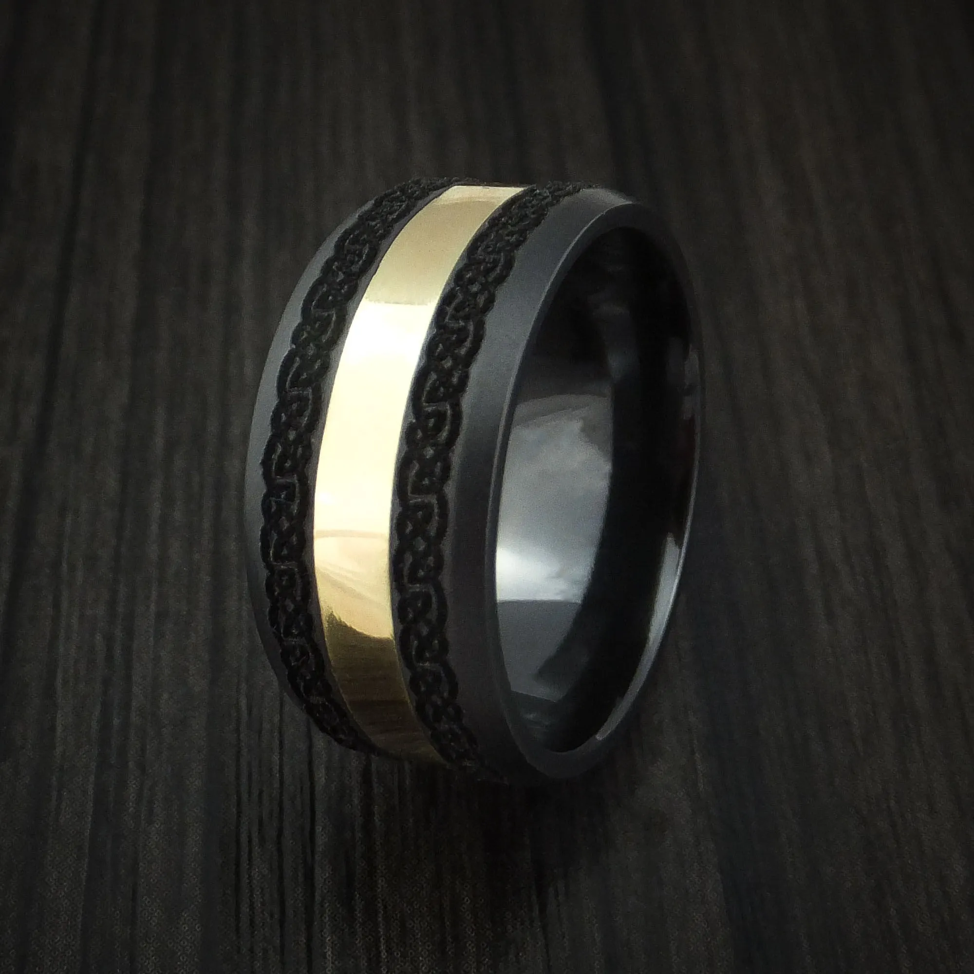 Black Titanium and 18K Yellow Gold Custom Celtic Pattern Men's Ring