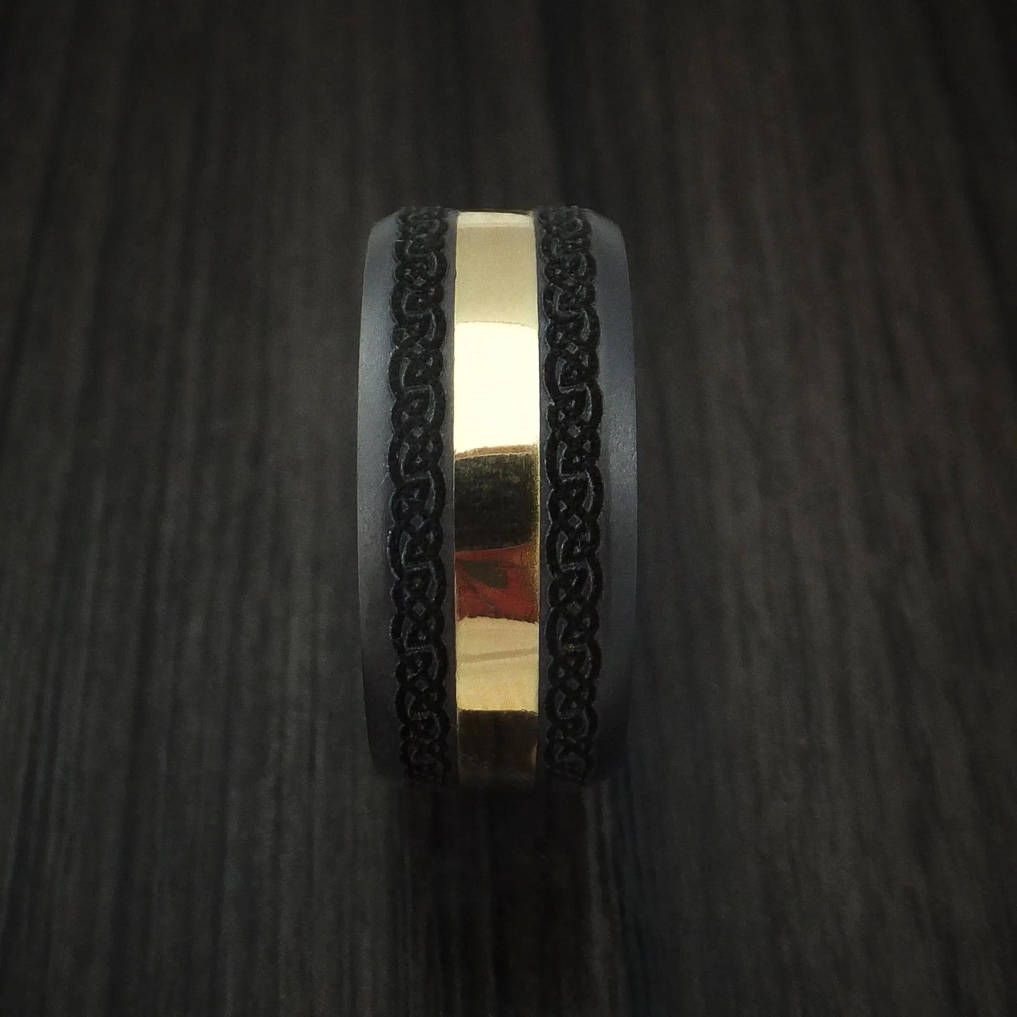 Black Titanium and 18K Yellow Gold Custom Celtic Pattern Men's Ring