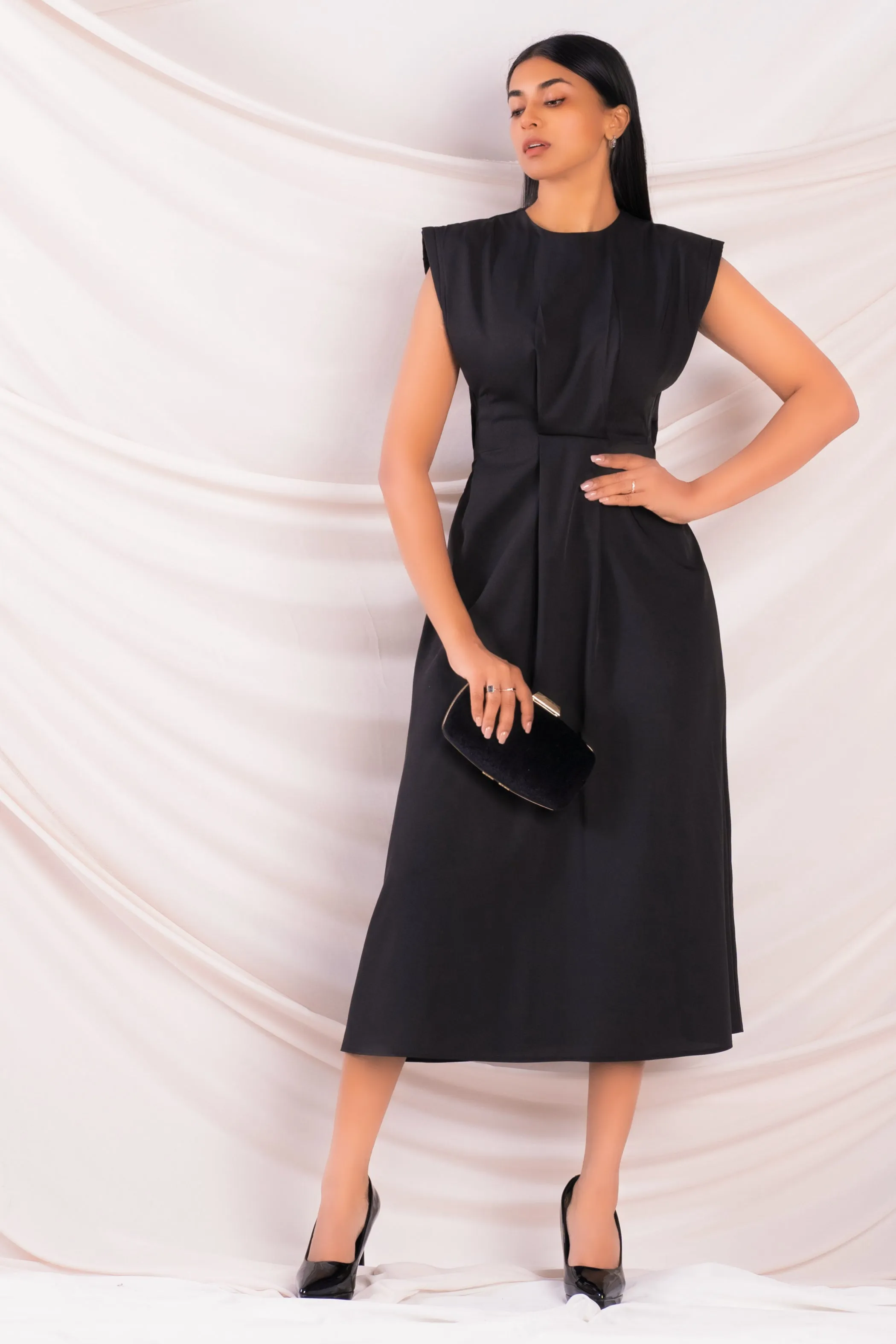 Black Waist Detail Midi Dress