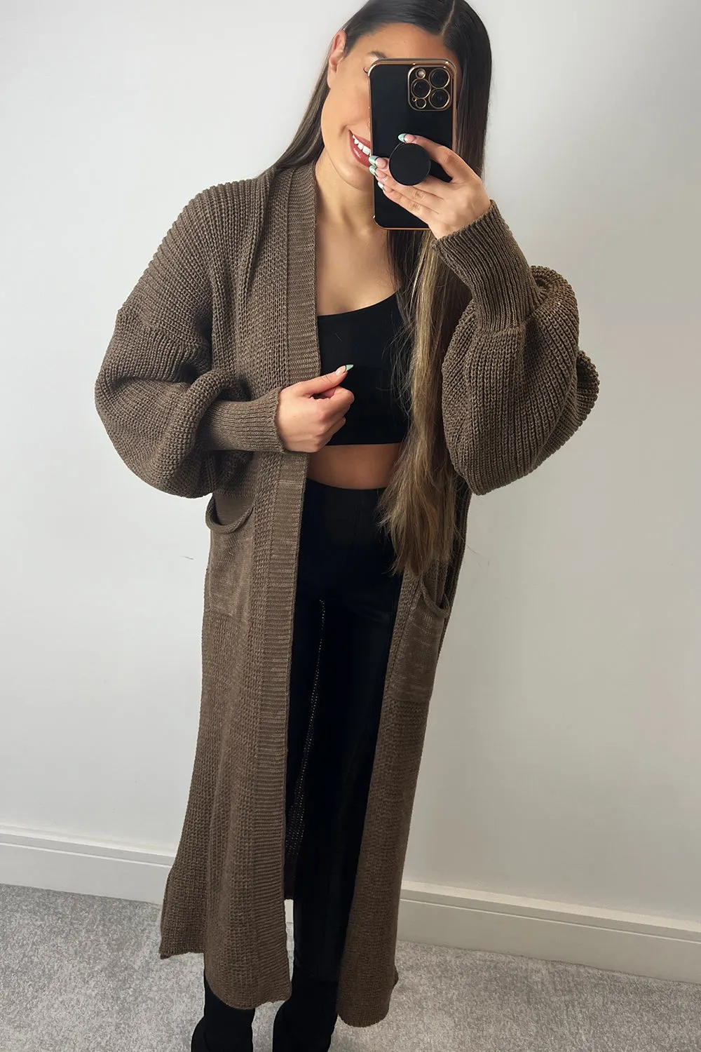 Bonnie Brown Longline Open Front Knitted Cardigan