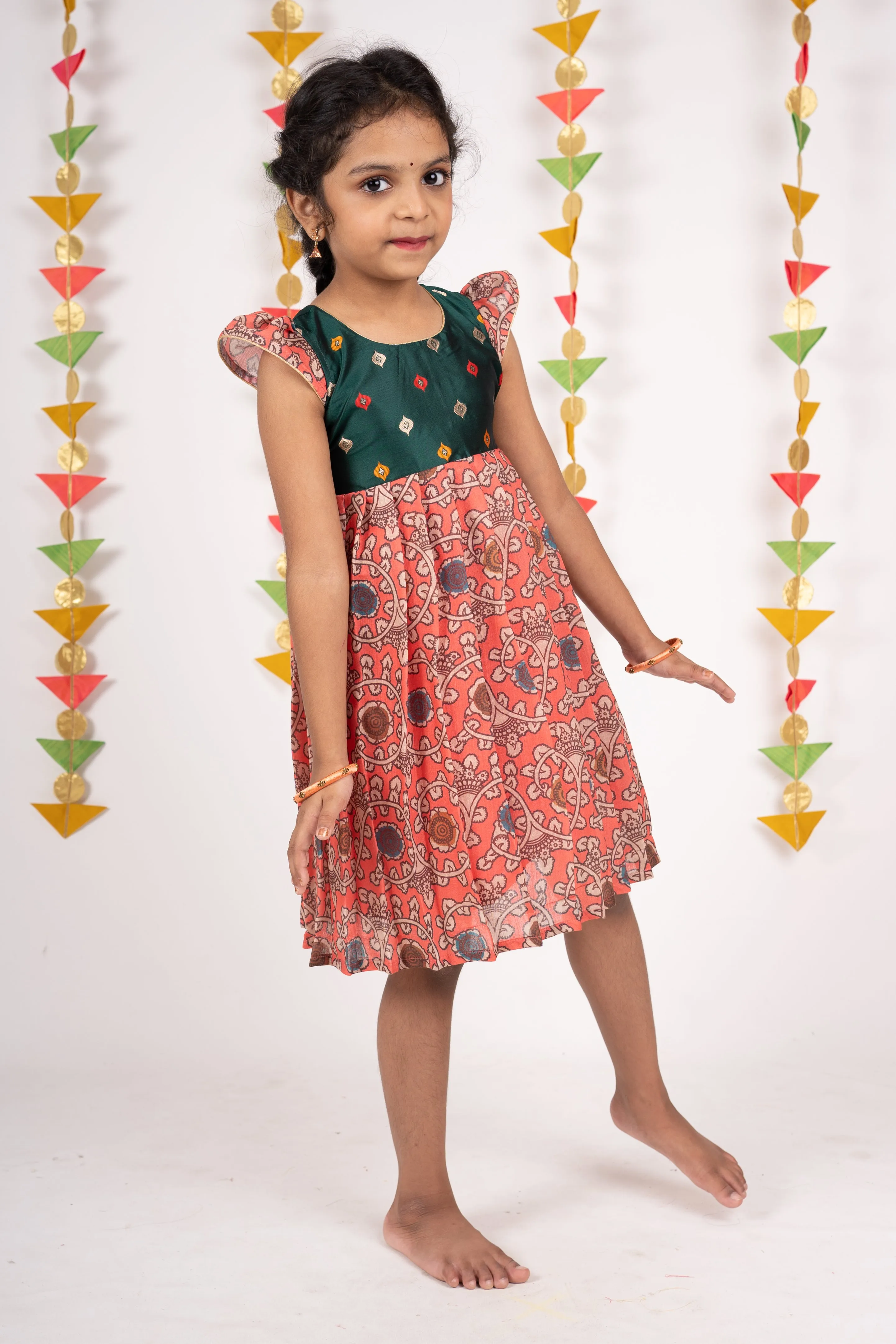 Bottle Green Yoke With Pink Kalamkari Designer Cotton Frock