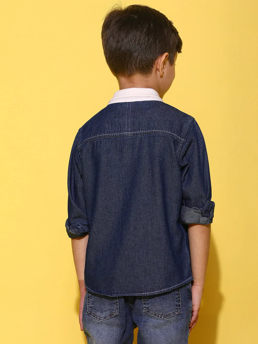 Boys Dark Blue 100% Cotton Washed Full Sleeves Regular Fit Shirt