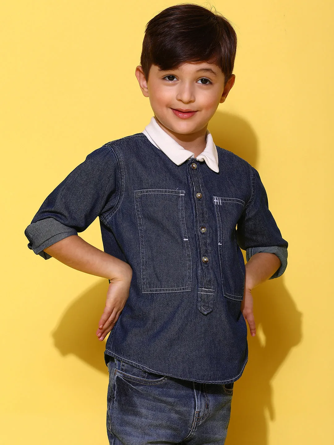 Boys Dark Blue 100% Cotton Washed Full Sleeves Regular Fit Shirt