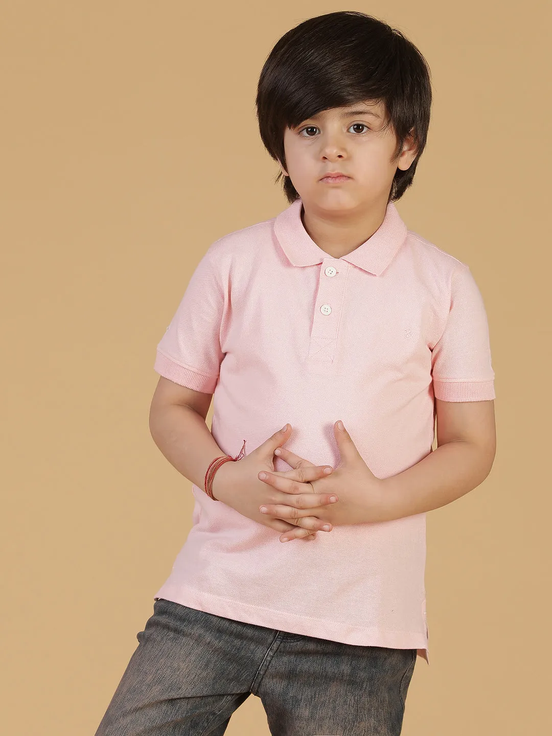 Boys Pink Solid Polo T-Shirt