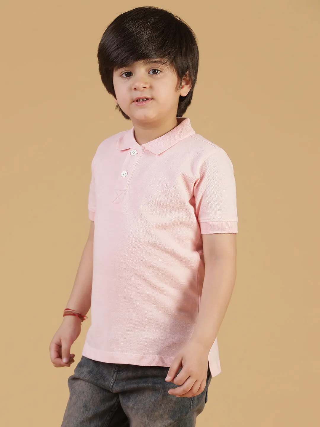 Boys Pink Solid Polo T-Shirt