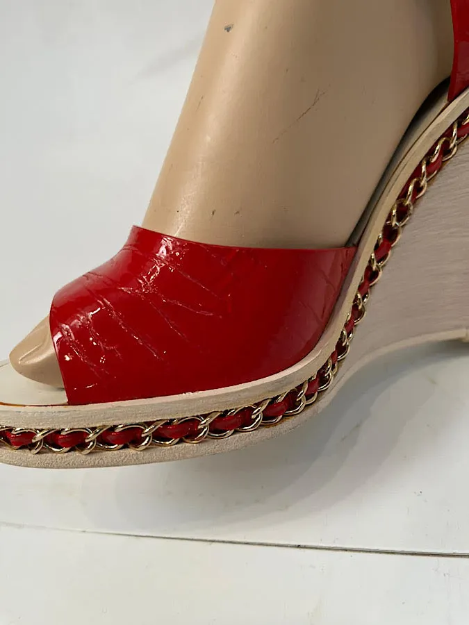 Chanel 14P 2014 Spring Patent Leather Red Chain Wedge Heel Sandals EU 38.5 US 7.5