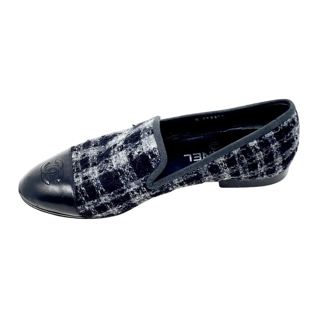 CHANEL Black Plaid Wool Cap Toe Moccasin Loafers Size 37.5 | 7   G32275