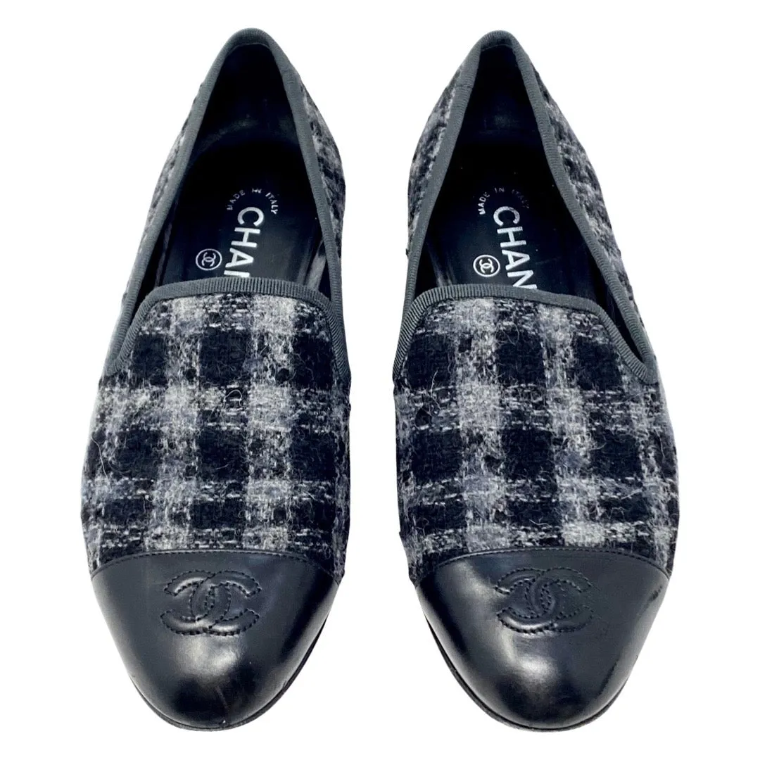 CHANEL Black Plaid Wool Cap Toe Moccasin Loafers Size 37.5 | 7   G32275