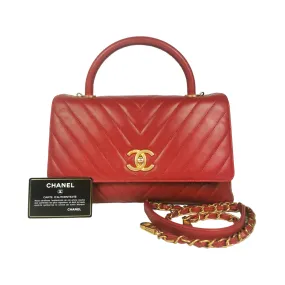 Chanel Coco Handle Flap Bag Chevron Medium Red Lambskin Gold