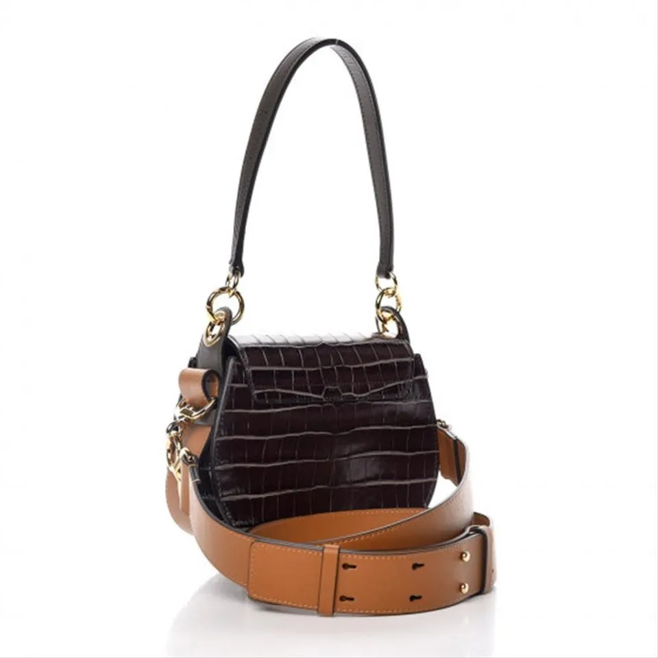 Chloé Small Tess Croc Embossed Calfskin Brown Crocodile Skin Leather Shoulder Bag