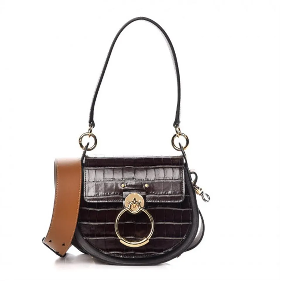 Chloé Small Tess Croc Embossed Calfskin Brown Crocodile Skin Leather Shoulder Bag