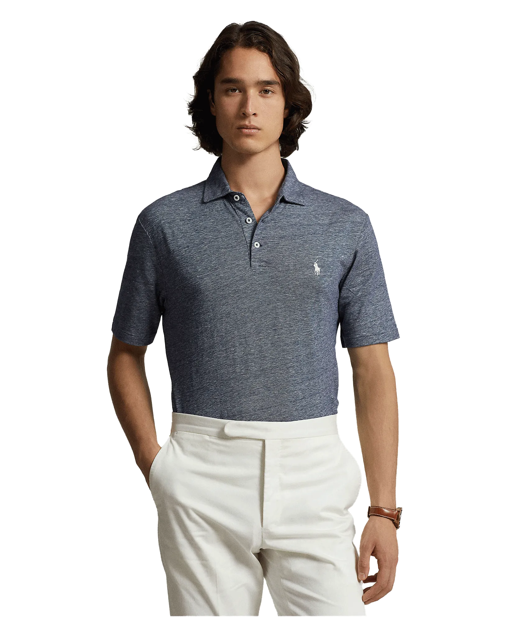 Classic Fit Cotton-linen Mesh Polo Shirt - Navy