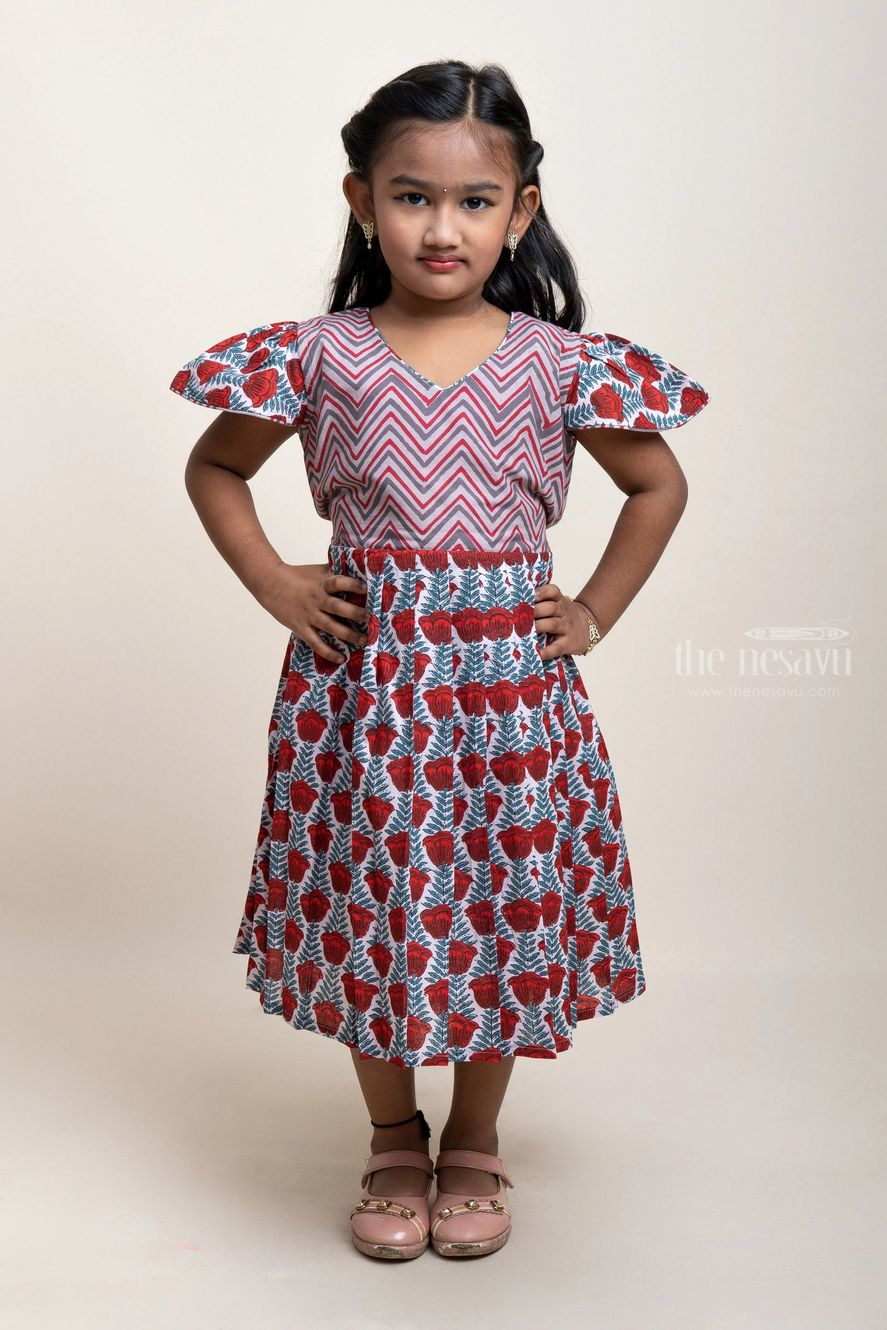 Cotton Frock For Girls With Ikkat And Mughal Floral Prints