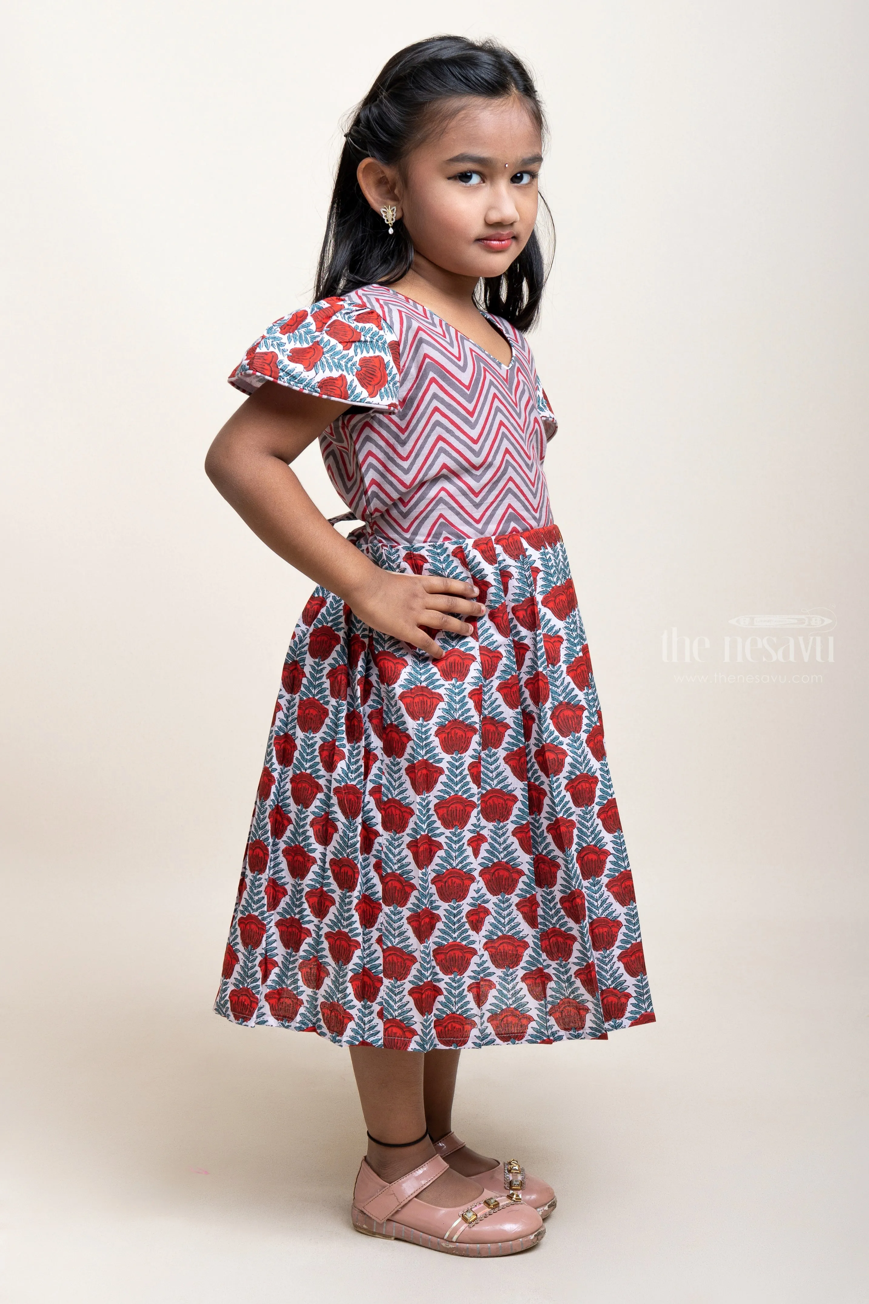 Cotton Frock For Girls With Ikkat And Mughal Floral Prints